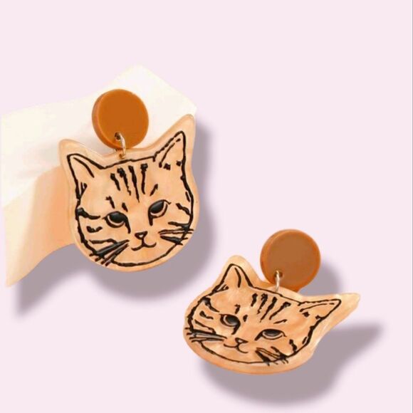Kitty Cat Face Design Acrylic Dangling Drop Post Earrings - Picture 1 of 6